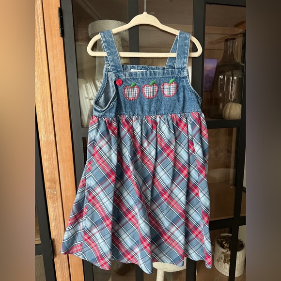 Vintage y2k I.N. girl embroidered denim dress apples plaid appliqué toddler girl - Picture 9 of 9